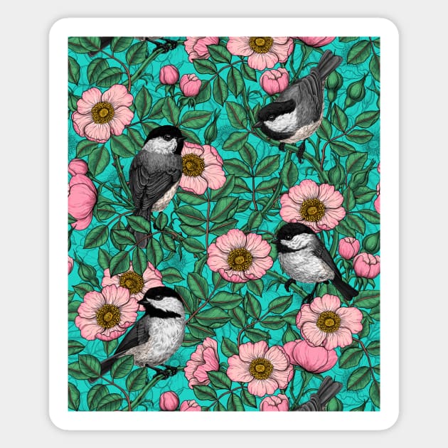 Chickadees in the wild rose, pink and blue Sticker by katerinamk